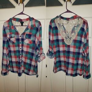 Rue21 Flannel Button Down with Lace Panel on Back